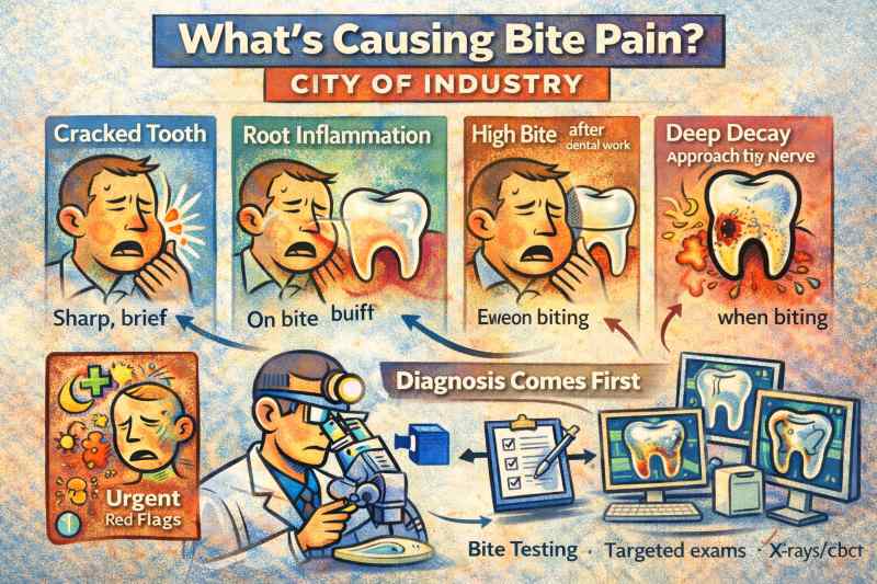 Bite pain in City of Industry explained: cracked tooth, root infection, high bite, or deep decay. Learn how endodontists diagnose using exams, bite tests, and imaging.