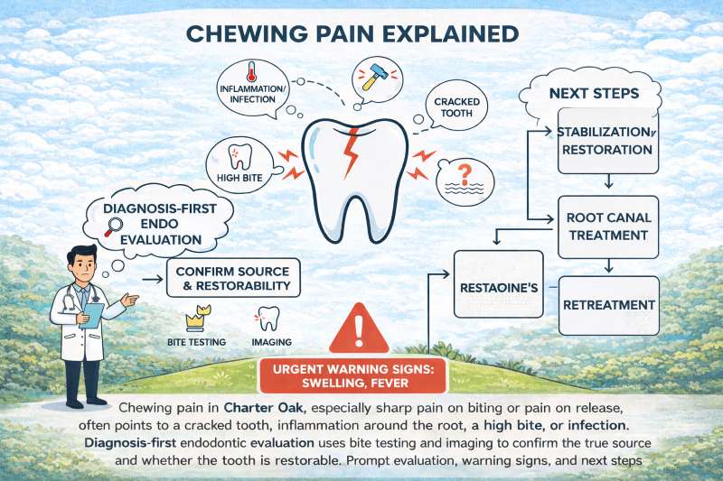 Chewing pain in Charter Oak, sharp pain on biting or release, cracked tooth, high bite, root inflammation, infection, diagnosis-first endodontic evaluation and next steps.