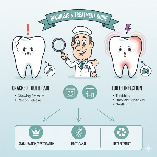 Cracked tooth vs infection pain in Charter Oak, bite pressure pain, throbbing ache, hot and cold sensitivity, swelling, CBCT imaging, endodontic evaluation and treatment options.