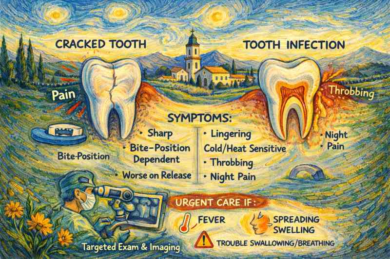 Van Gogh–style illustration comparing cracked tooth vs tooth infection in Claremont, highlighting chewing pain patterns, red flags, and endodontic testing with imaging.