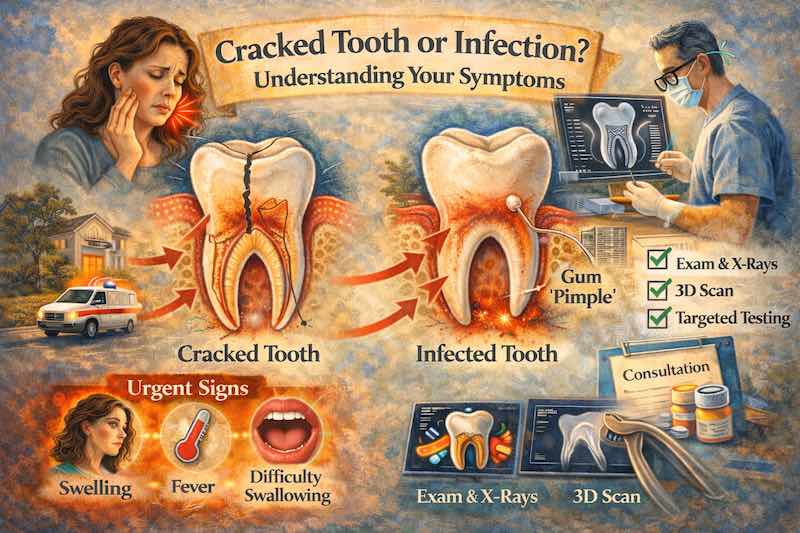 Oil painting style illustration comparing cracked tooth vs infected tooth in La Habra, highlighting chewing pain, swelling, gum pimple, targeted testing, imaging, and urgent warning signs.