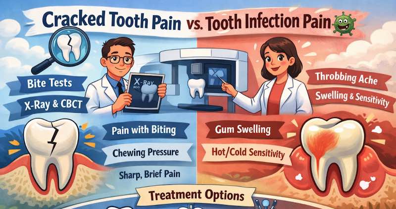 Caricature infographic comparing cracked tooth pain vs tooth infection in South San Jose Hills, highlighting bite pain, throbbing ache, swelling, hot and cold sensitivity