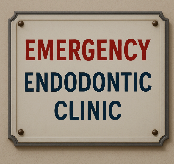 Image showing an Emergency Endodontic Clinic sign in red and blue colors that is elegant for a hospital for patients to see
