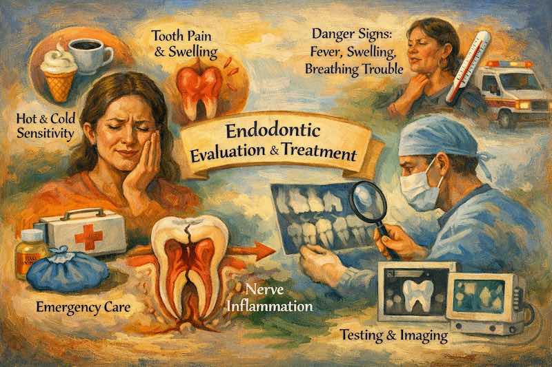 Oil painting style illustration of fast-escalating tooth pain in La Habra, highlighting night pain, hot and cold sensitivity, swelling, and endodontic evaluation with diagnostic imaging.