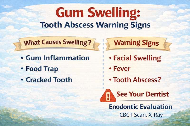 Gum swelling near one tooth in South San Jose Hills, warning signs of tooth abscess, facial swelling, fever, cracked tooth, endodontic evaluation, CBCT and X-ray guidance.