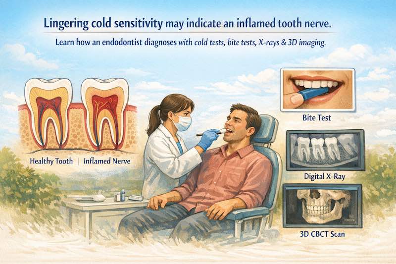 Educational dental infographic illustrating lingering cold sensitivity and inflamed tooth nerve, featuring cold test, bite test, digital X-ray, and CBCT imaging in a calm clinical landscape setting.