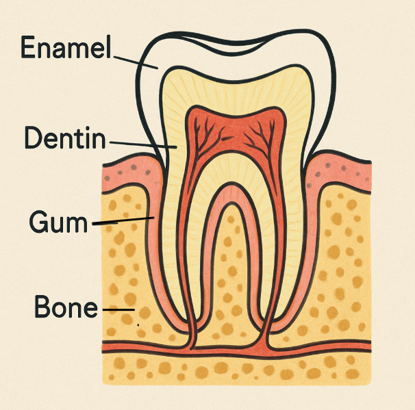 Cutaway cross-section of a tooth showing the dental nerve (pulp), root canal space, roots, gum tissue, and surrounding bone with labeled arrows, explaining “dental nerve removal” and root canal treatment anatomy