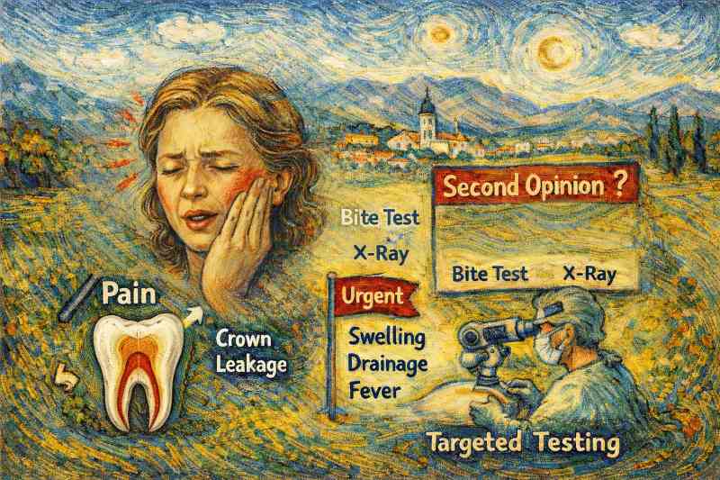 Van Gogh–style illustration of post–root canal pain in Claremont, showing tooth anatomy, retreatment evaluation, urgent symptoms, and targeted endodontic testing.