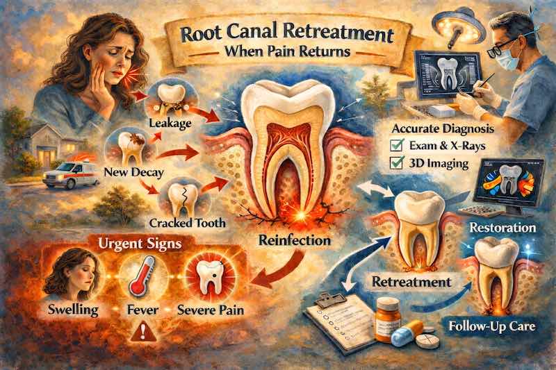 Oil painting style illustration of root canal retreatment in La Habra, showing returning tooth pain, reinfection at root tip, diagnosis with imaging, urgent swelling signs, and restoration pathway.
