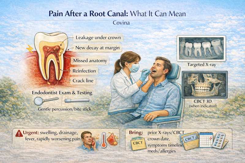 Educational dental infographic on pain after a root canal in Covina, illustrating leakage under a crown, new decay, missed canals, reinfection, crack lines, endodontic exam, targeted X-ray, and CBCT 3D imaging for accurate retreatment diagnosis.