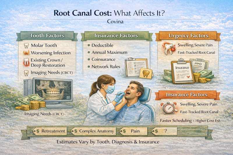 Educational infographic on root canal cost in Covina, showing key drivers: tooth type, infection, crowns/retreatment, CBCT needs, insurance, and urgency.