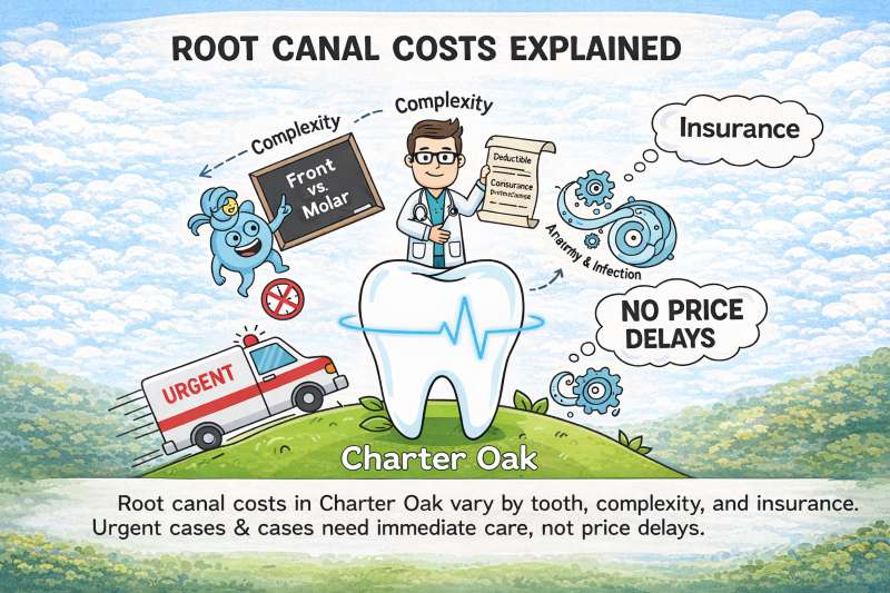 Root canal cost in Charter Oak varies by tooth type, infection complexity, and insurance deductibles, coinsurance, annual maximum and network rules; urgent swelling or fever needs care.