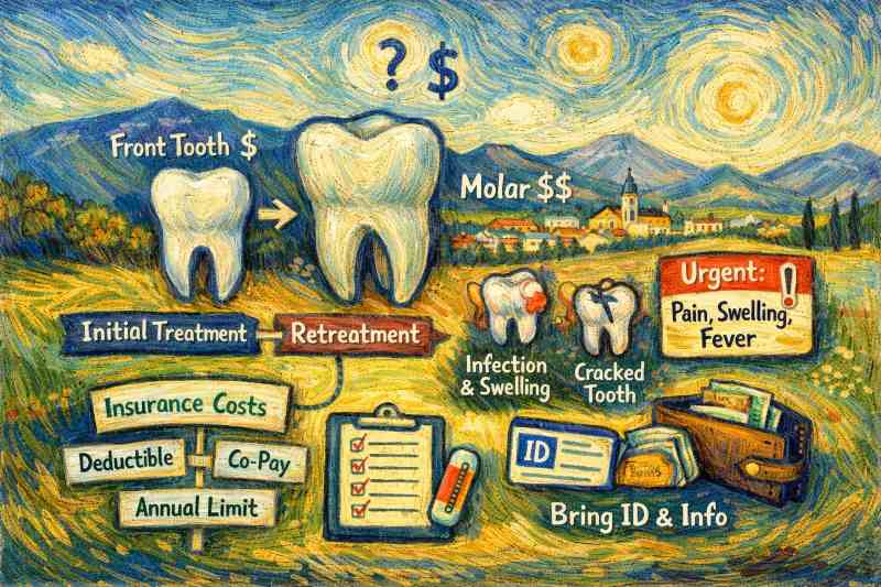 Van Gogh–style illustration explaining root canal cost in Claremont, including tooth type, retreatment, infection urgency, and insurance factors affecting estimates.