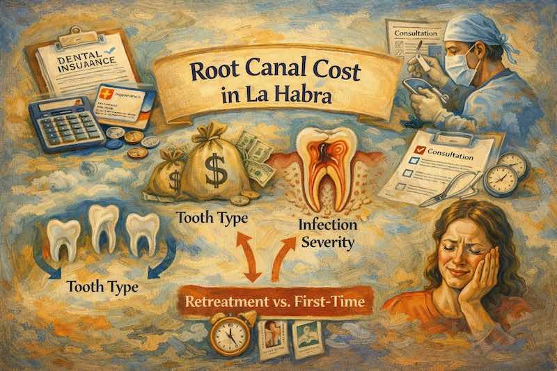 Oil painting style illustration of root canal cost in La Habra, highlighting tooth type, infection severity, retreatment vs first-time treatment, and insurance factors affecting out-of-pocket estimates.