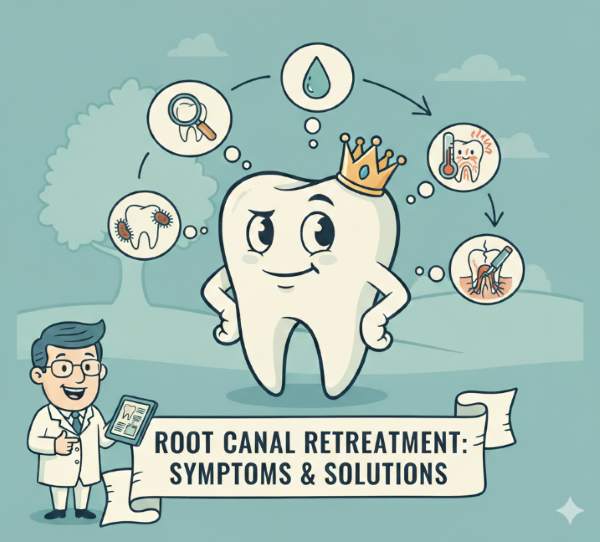 Pain after root canal in Charter Oak, retreatment warning signs, crown leakage, cracked tooth, swelling, fever, endodontic evaluation with imaging and diagnosis-first approach.