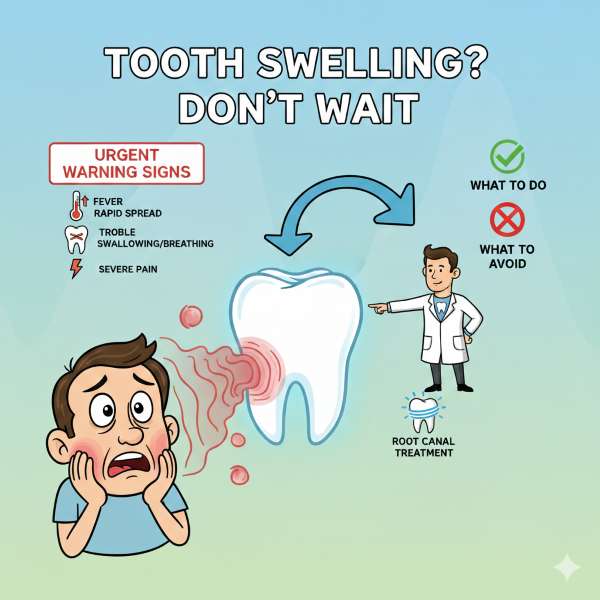 Tooth swelling in Charter Oak, urgent infection warning signs, facial swelling, fever, trouble swallowing, avoid heat or popping, endodontic evaluation and root canal treatment guidance.