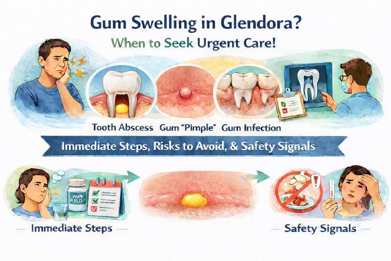 Gum swelling can come from a tooth abscess, a draining “pimple” on the gum, or a gum infection, and the symptoms can escalate quickly