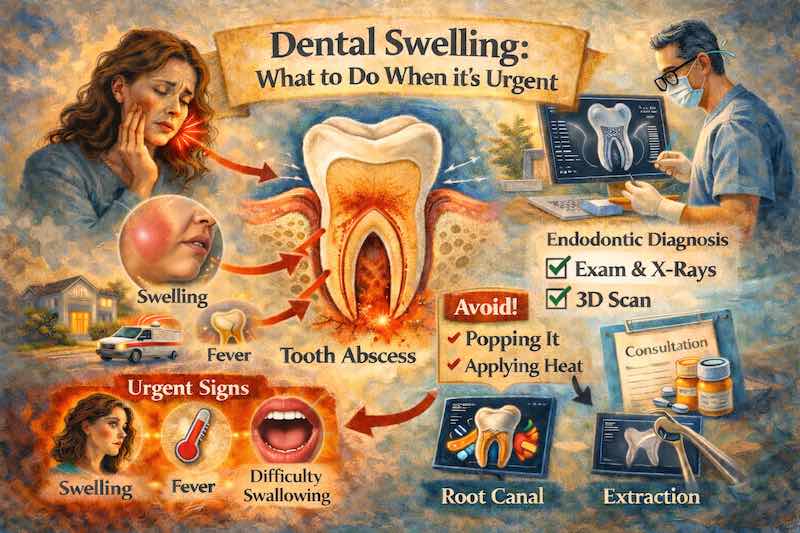 Oil painting style illustration of dental swelling and tooth abscess in La Habra, highlighting facial swelling, fever, difficulty swallowing, urgent warning signs, endodontic diagnosis, and treatment options.