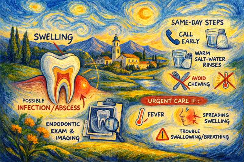 Van Gogh–style illustration explaining tooth swelling in Claremont, infection warning signs, same-day care steps, urgent red flags, and endodontic evaluation with imaging.