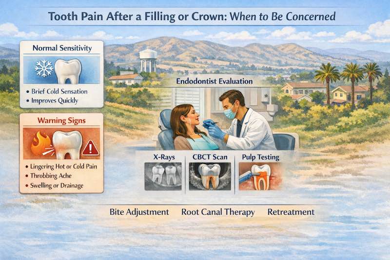 Infographic explaining tooth pain after filling or crown in Brea, normal sensitivity vs warning signs, endodontist evaluation, X-rays, CBCT, and treatment options.