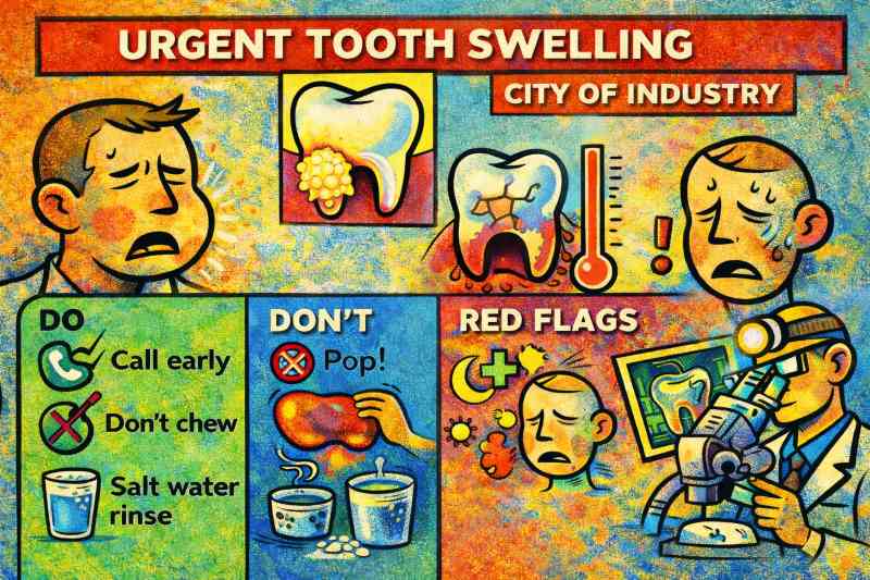 Urgent tooth swelling in City of Industry: signs of dental abscess, safe same-day steps, what to avoid, red flags, and how endodontists diagnose infection.