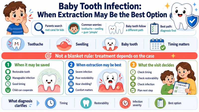 Landscape infographic about baby tooth infection, explaining when extraction may be the best option and showing that treatment depends on timing, restorability, infection severity, and the child’s comfort and cooperation