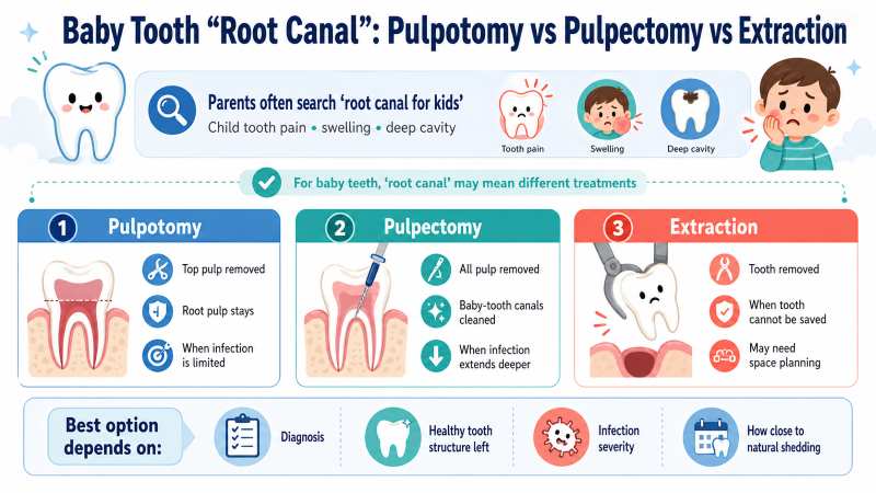 Baby tooth root canal infographic comparing pulpotomy, pulpectomy, and extraction for children with tooth pain, swelling, or deep cavities