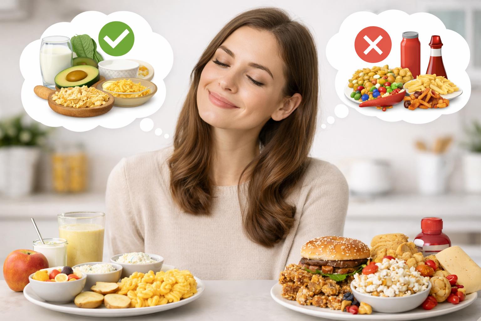 Smiling patient after a root canal choosing soft foods like yogurt, eggs, soup, and pasta, while avoiding crunchy or sticky foods such as chips, nuts, and candy during early healing.