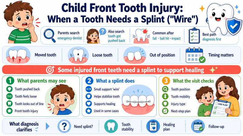 Landscape infographic about child front tooth injury, explaining when a front tooth may need a splint or “wire” after being moved, loosened, or pushed out of position.