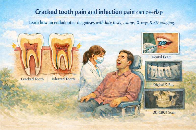 Educational dental infographic comparing cracked tooth pain and tooth infection symptoms in Covina, featuring full root anatomy, enamel crack illustration, bite testing, digital X-ray, and 3D CBCT imaging for accurate endodontic diagnosis.