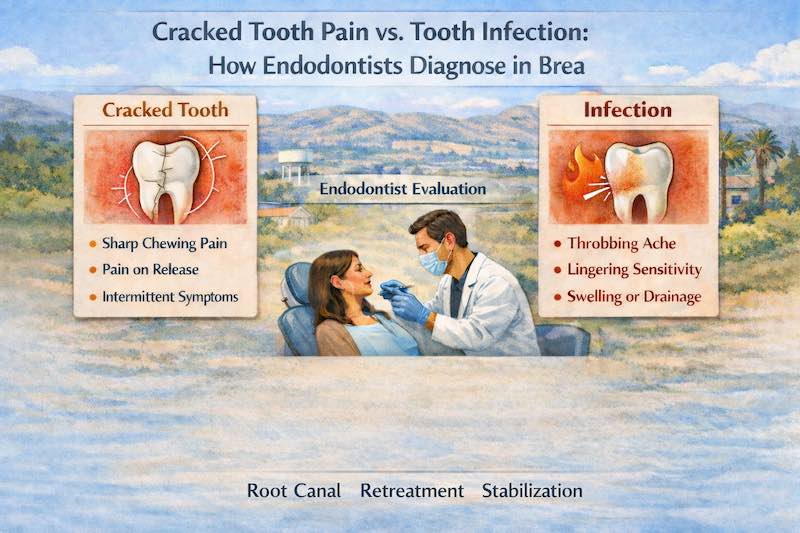 Cracked tooth vs tooth infection infographic in Brea explaining symptom differences, endodontist diagnosis, X-rays, CBCT imaging, and treatment options.