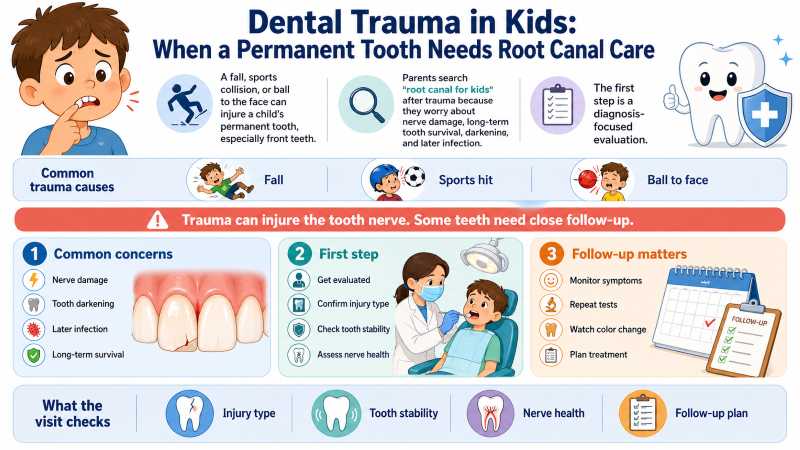Landscape infographic about dental trauma in kids, showing when a permanent tooth may need root canal care after a fall, sports injury, or a ball to the face.