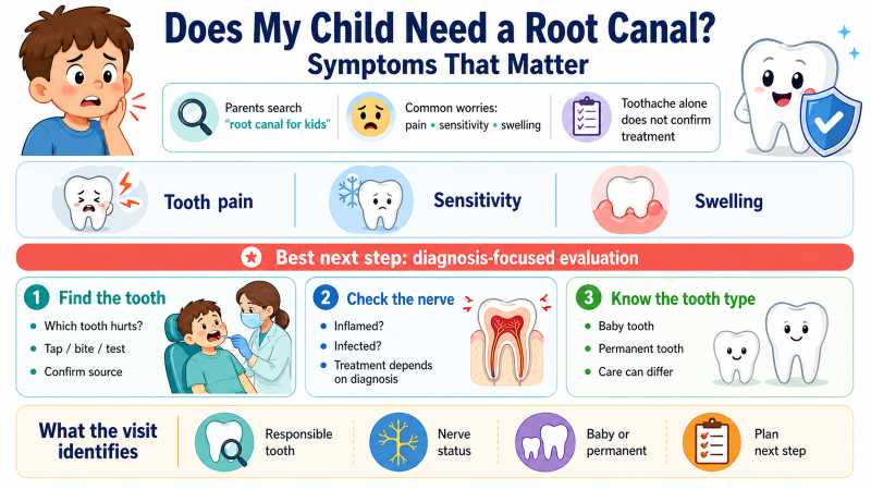 Landscape infographic explaining whether a child may need root canal care, highlighting symptoms that matter such as tooth pain, sensitivity, and swelling, and showing the need for a diagnosis-focused evaluation.