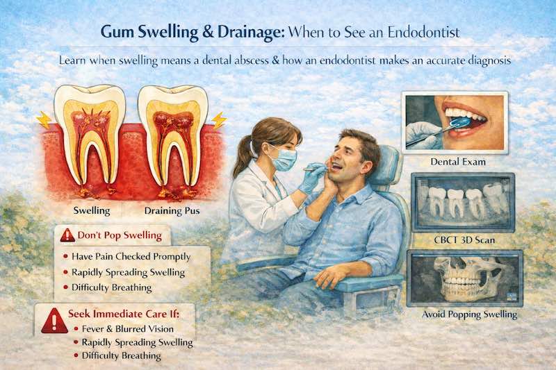 Educational dental infographic on gum swelling and drainage in Covina, illustrating tooth abscess signs, localized red gum inflammation, drainage pathways, endodontic exam, and CBCT imaging for accurate diagnosis and urgent care guidance.