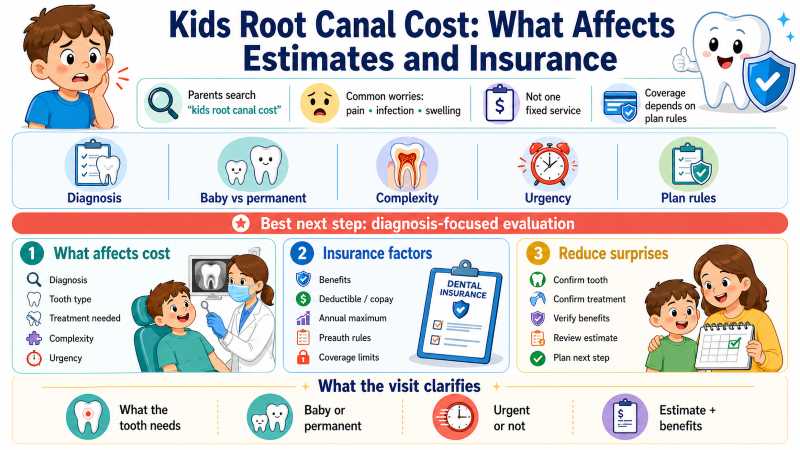 Landscape infographic about kids root canal cost, showing factors that affect estimates and insurance coverage, including diagnosis, tooth type, complexity, urgency, and plan rules.
