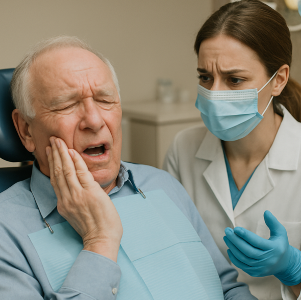 show an old person with molar tooth pain laying on the dental office chair.  next to patient, there is a female endodontist doctor who is concerned and about to start treatment and wears a mask
