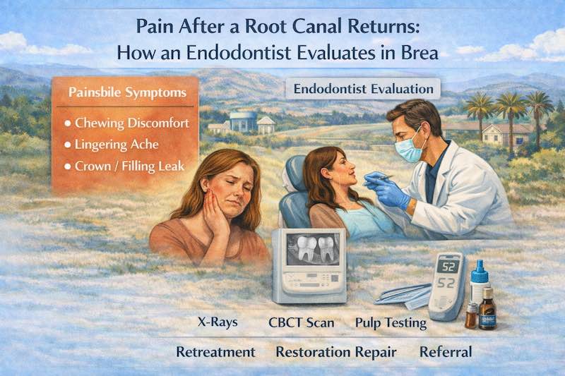 Pain after root canal in Brea infographic explaining retreatment evaluation, crown leakage, cracked tooth causes, X-rays, CBCT imaging, and repair options.