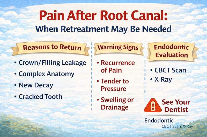 Pain after root canal in South San Jose Hills, warning signs for retreatment, crown leakage, chewing tenderness, swelling, CBCT scan and X-ray evaluation guidance.
