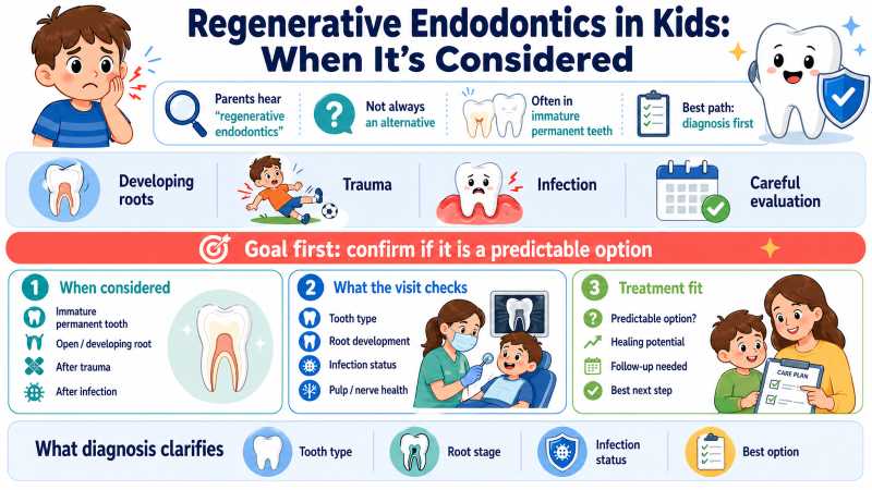 Landscape infographic about regenerative endodontics in kids, explaining when it may be considered, especially in immature permanent teeth after trauma or infection, and highlighting the need for diagnosis first.