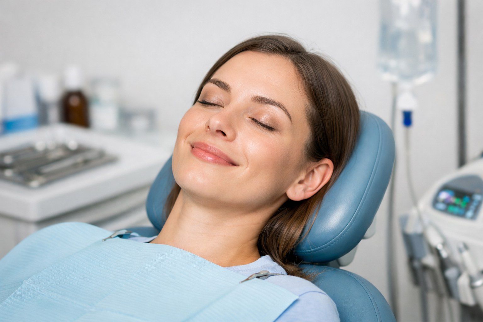 Happy patient with eyes closed relaxing in a dental chair during root canal anesthesia and sedation consultation, showing calm comfort before endodontic treatment.