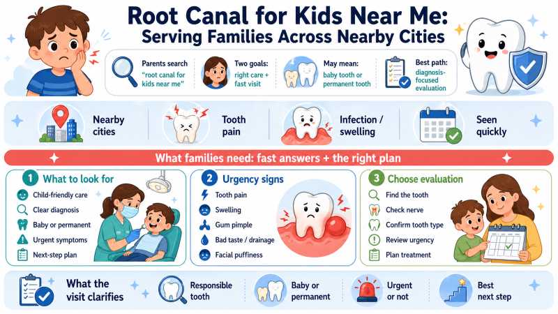 Landscape infographic about root canal for kids near me, explaining what families across nearby cities should look for, urgency symptoms, and how to choose a diagnosis-focused evaluation.