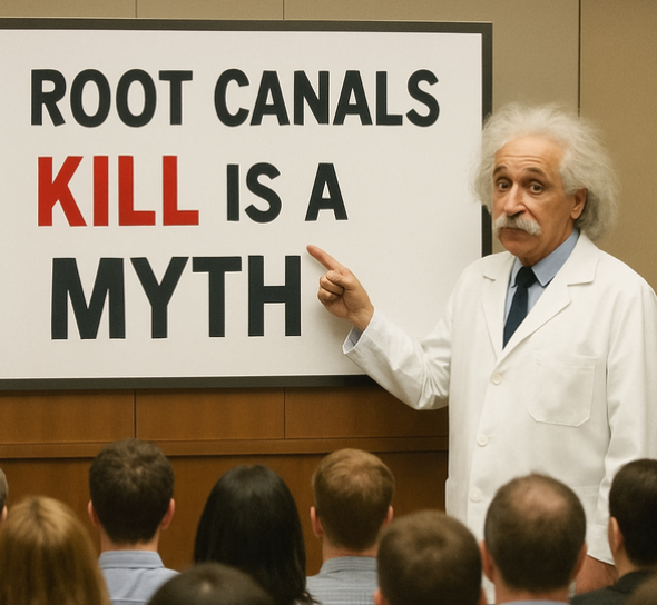 root canals kill is a myth full letters on a wide board in a large conference room with KILLS in red and MYTH in bold. explained by Einstein looking wise endodontist who is pointing at the word myth standing in front of a large audience 