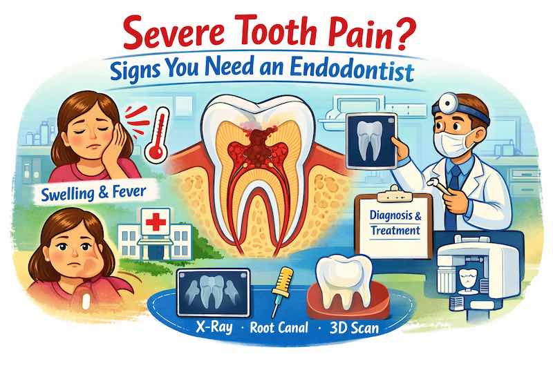 Caricature illustration of throbbing tooth pain in South San Jose Hills showing nerve inflammation, facial swelling warning signs, and endodontist diagnosis with X-ray and root canal treatment options.