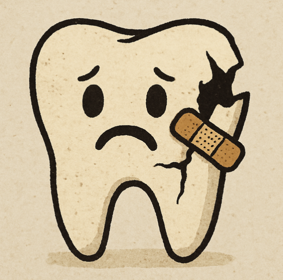 severely broken tooth with a small Band-Aid 