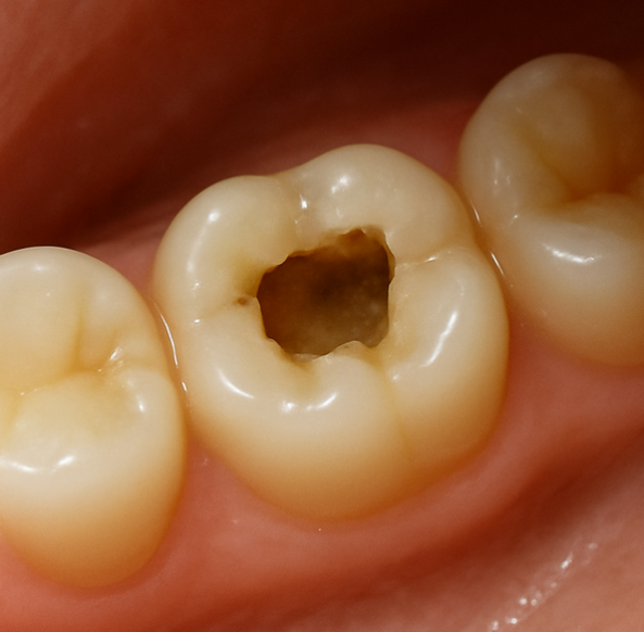 Occlusal (top-down) view of a molar with a root canal access opening prepared for cleaning and shaping, illustrating temporary filling after root canal and how the tooth is sealed before the final restoration.