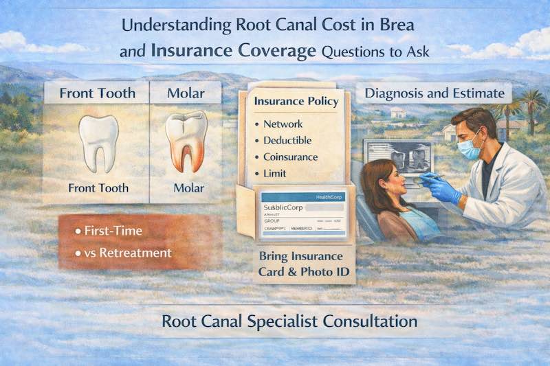 Root canal cost in Brea infographic explaining molar vs front tooth pricing, retreatment factors, insurance coverage, and diagnosis-first specialist evaluation.
