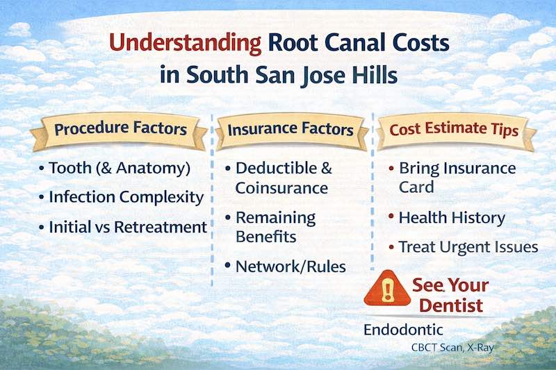 Root canal cost in South San Jose Hills, price factors by tooth type, infection complexity, insurance deductible, coinsurance, annual maximum, urgent swelling and pain guidance.