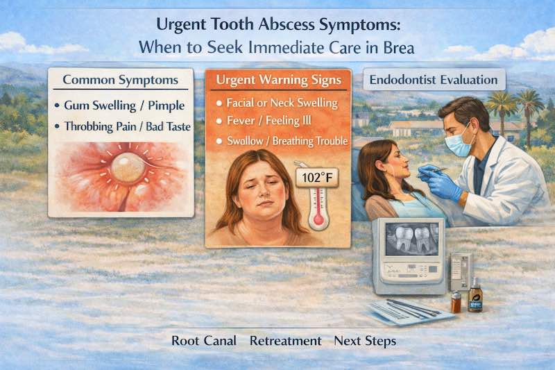 Tooth abscess symptoms infographic in Brea showing gum swelling, drainage, fever warning signs, endodontist evaluation, and urgent treatment guidance.